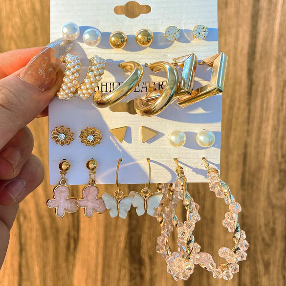 6 Pairs Streetwear Round Plating Inlay Alloy Artificial Pearls Hoop Earrings Ear Studs