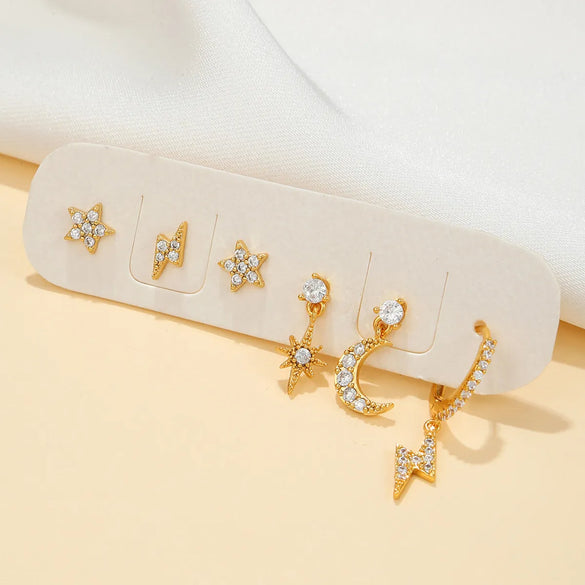 6 Pieces Fashion Star Moon Lightning Copper Plating Zircon Earrings