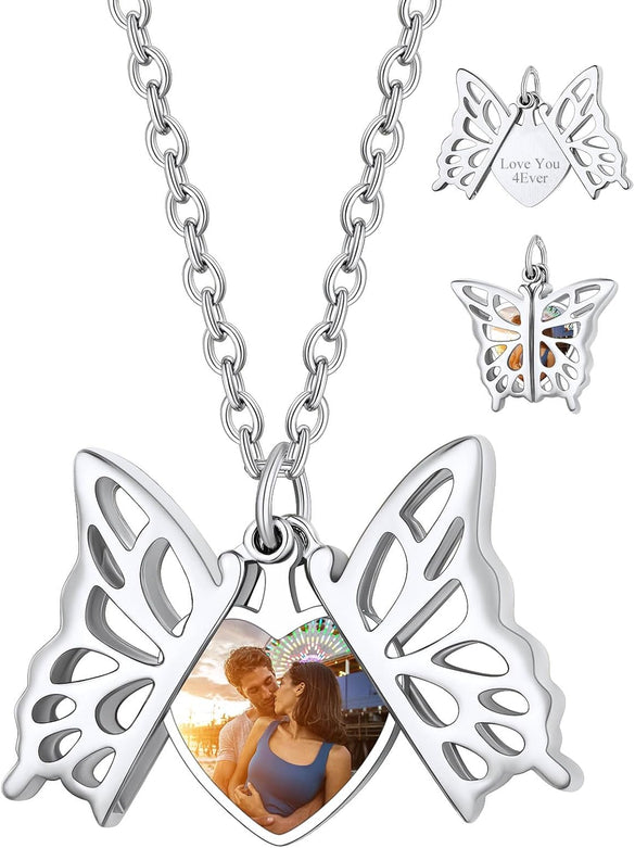 Personalized Heart Locket Necklace with Pictures,Sunflower/Angel Wings/Heart Shaped Lockets Custom Photo,Gold/Rose Gold/White Lockets That Holds Picture,Customized Memorial Jewelry for Women