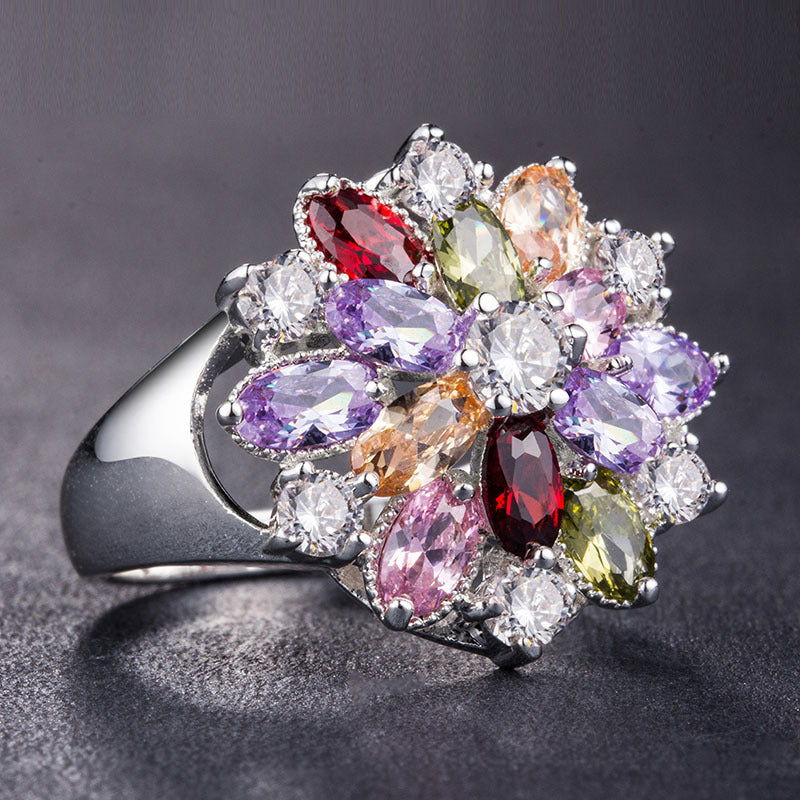 Creative Fashion Copper Inlaid Color Zircon Flower Shape Ring