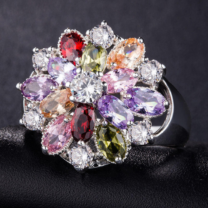 Creative Fashion Copper Inlaid Color Zircon Flower Shape Ring