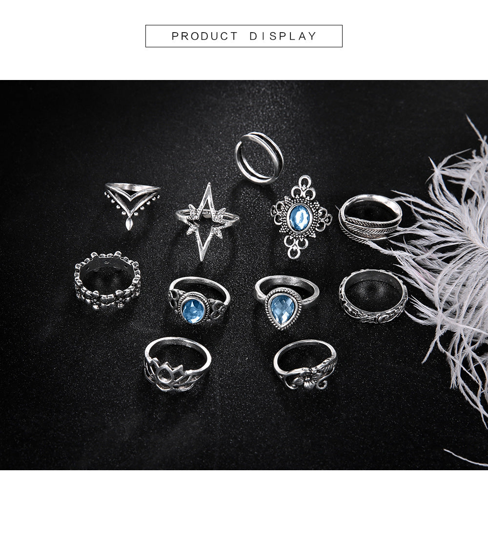 Retro Diamond Engraved Starry Sky Gemstone Lotus Starlight Feather Ring 11-piece Set