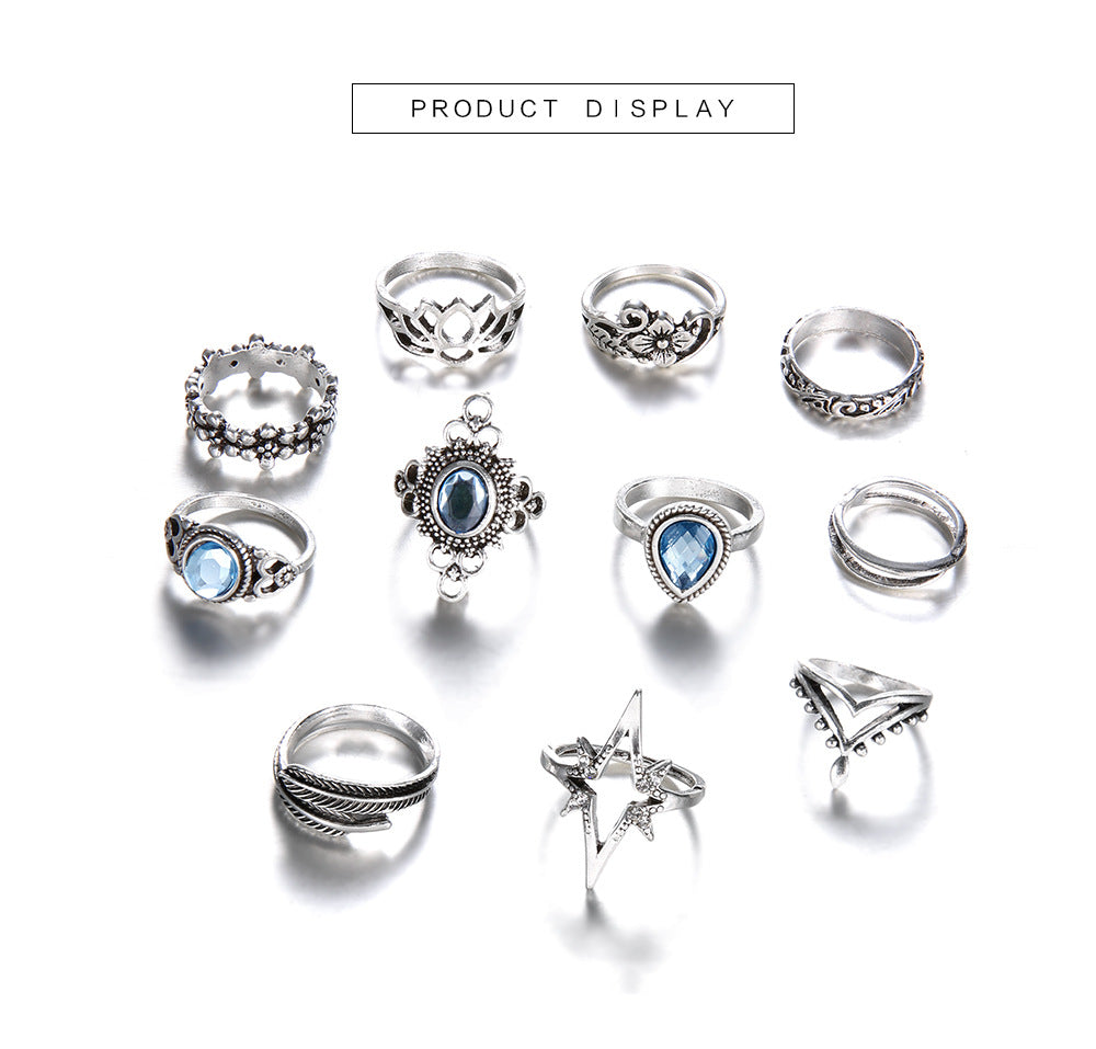 Retro Diamond Engraved Starry Sky Gemstone Lotus Starlight Feather Ring 11-piece Set