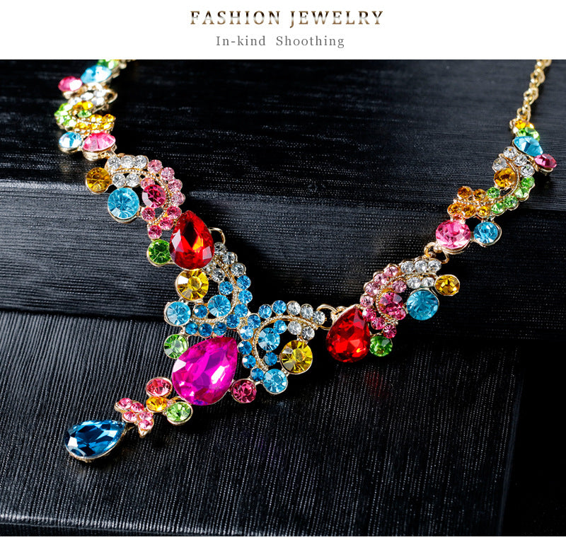1 Set Fashion Water Droplets Alloy Rhinestone Glass Women's Earrings Necklace