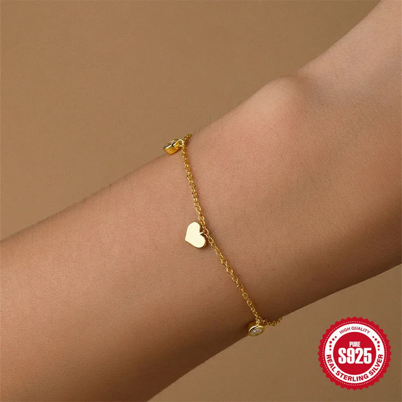 925 Sterling Silver Cable Chain Multi Charms Bracelet Bracelets Simple Style