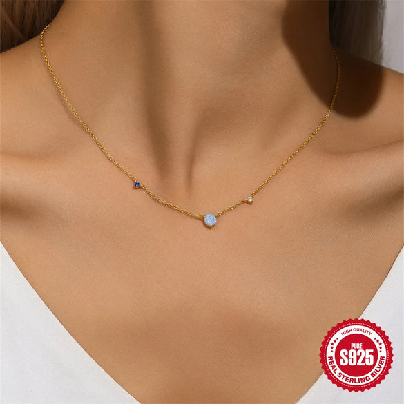 925 Sterling Silver Opal Zircon Cable Chain Plating Geometric Necklace