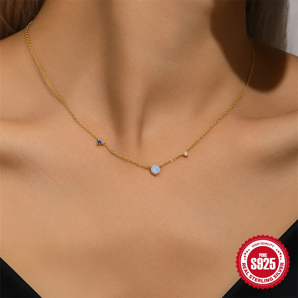 925 Sterling Silver Opal Zircon Cable Chain Plating Geometric Necklace