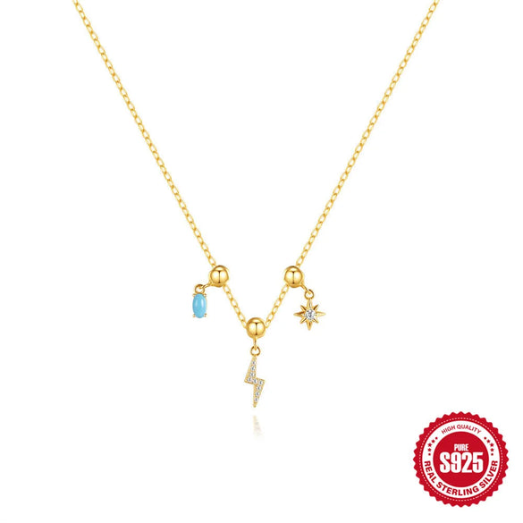 925 Sterling Silver Turquoise Zircon Cable Chain Plating Geometric Heart Shape Bow Knot Pendant Necklace