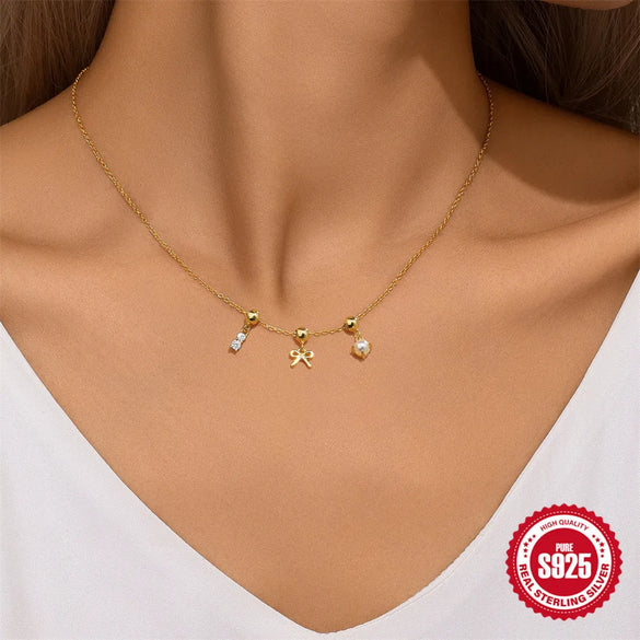 925 Sterling Silver Turquoise Zircon Cable Chain Plating Geometric Heart Shape Bow Knot Pendant Necklace