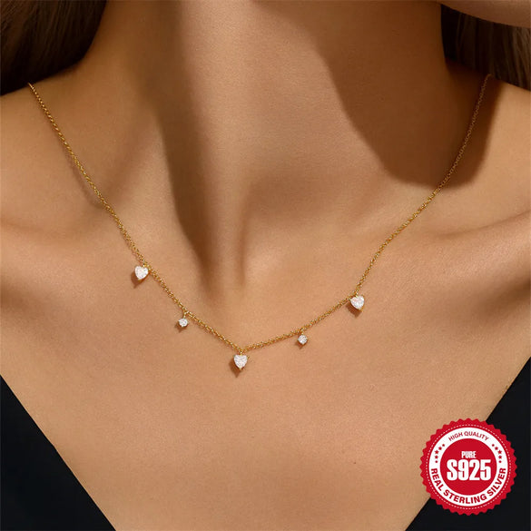 925 Sterling Silver Zircon Cable Chain Plating Heart Shape Multi Charms Necklace