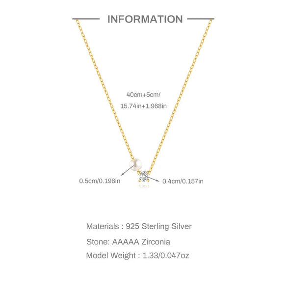925 Sterling Silver Zircon  Pearl Plating Inlay Geometric Necklace