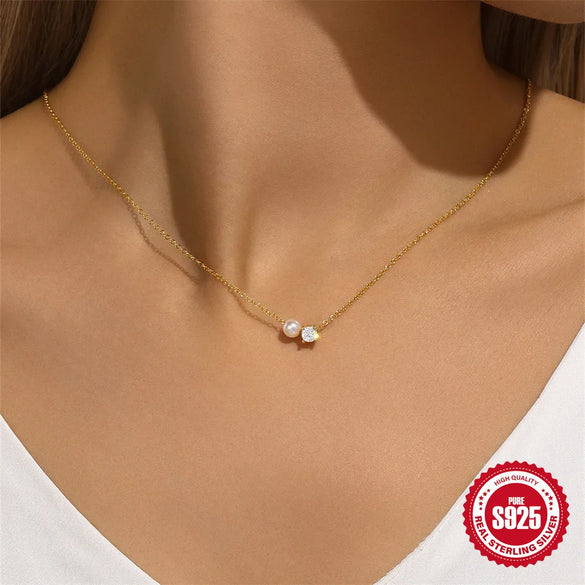 925 Sterling Silver Zircon  Pearl Plating Inlay Geometric Necklace