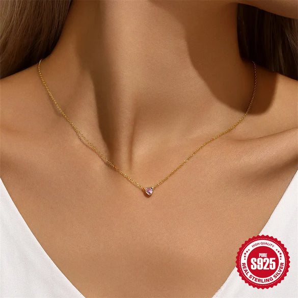 925 Sterling Silver Zircon  Plating Inlay Heart Shape Necklace