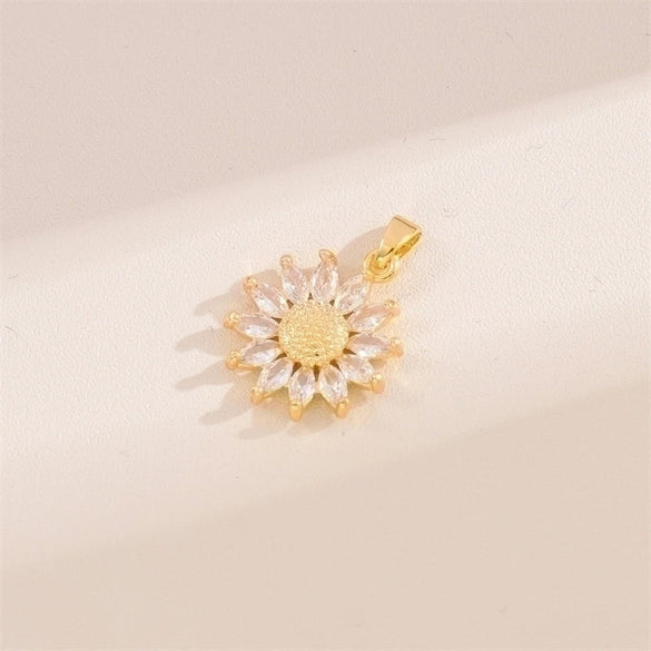 Cute Handmade Shiny Sunflower Leaves Heart Shape Brass 18k Gold Plated Zircon Charms In Bulk