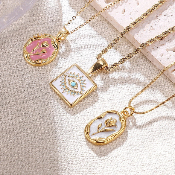 Elegant Retro Devil's Eye Rose Stainless Steel Enamel Plating 18k Gold Plated Pendant Necklace