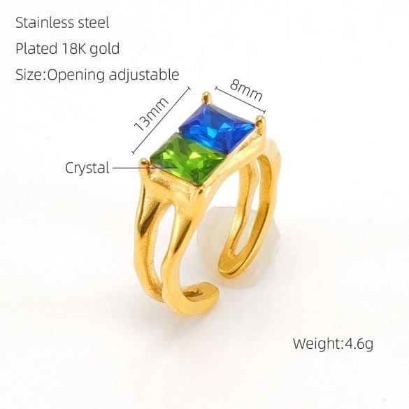 Elegant Retro Round Square Stainless Steel Plating Inlay Luminous Stone Rhinestones Zircon 18k Gold Plated Open Ring