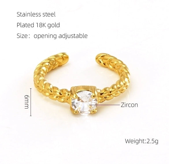 Elegant Retro Round Square Stainless Steel Plating Inlay Luminous Stone Rhinestones Zircon 18k Gold Plated Open Ring