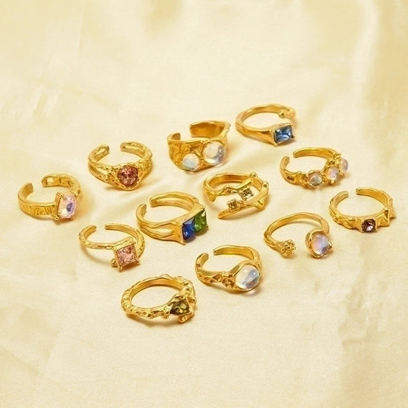 Elegant Retro Round Square Stainless Steel Plating Inlay Luminous Stone Rhinestones Zircon 18k Gold Plated Open Ring