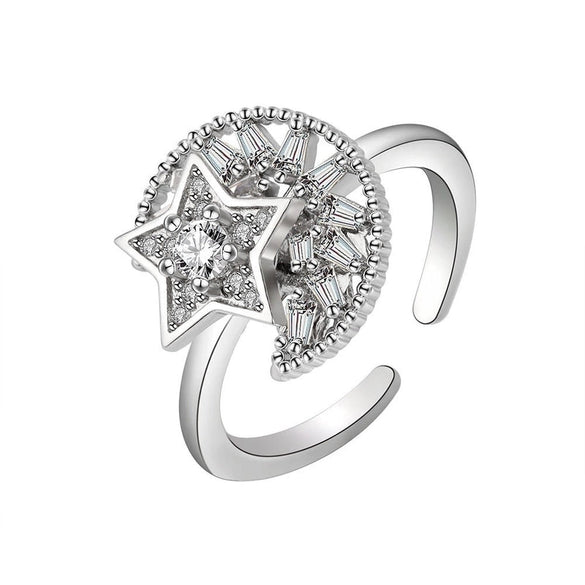 Fashion Golden Star Moon Zircon Rotating Copper Open Ring