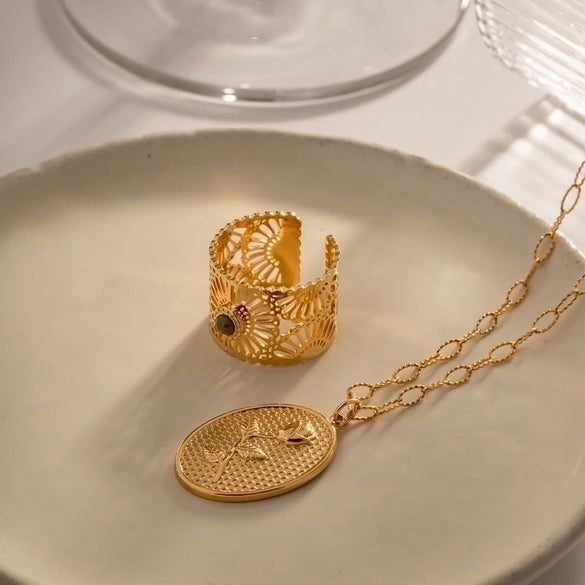 Fashion Round Stainless Steel Plating Inlay Natural Stone 18k Gold Plated Open Ring