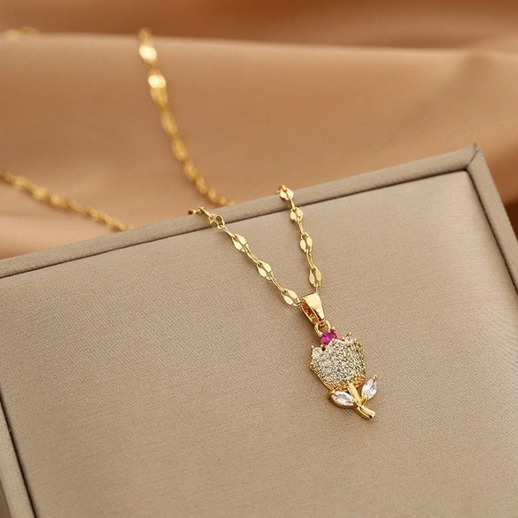 Lady Animal Flower Artificial Pearl Titanium Steel Copper Plating Inlay Zircon Pendant Necklace
