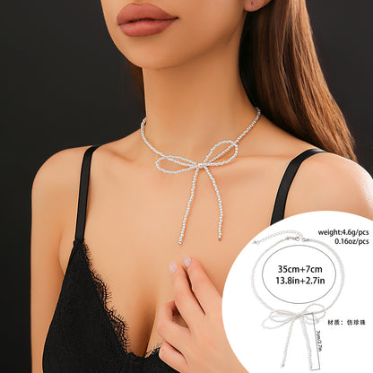 European and American cross-border hot-selling BowEarring bow collar niche imitation pearl beaded knotted ins necklace women