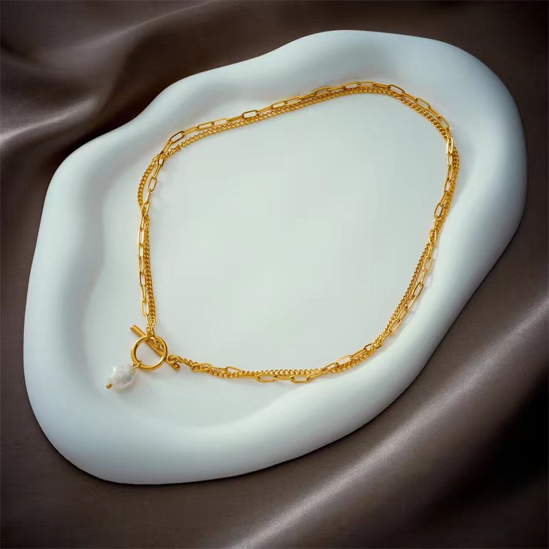 Baroque Style Round Imitation Pearl Titanium Steel Necklace