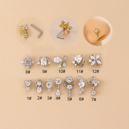 Fashion Flower Bow Knot Stainless Steel Plating Zircon Nose Studs 1 Piece