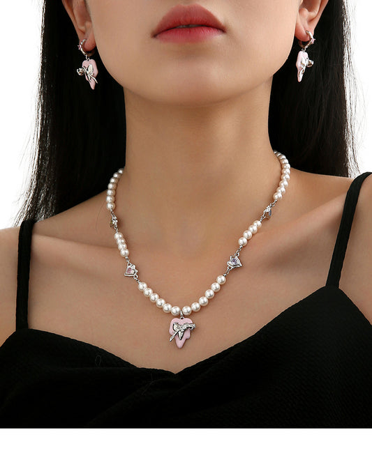 Sweet Heart Shape Imitation Pearl Brass Enamel White Gold Plated Women's Earrings Necklace