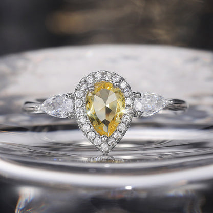 Simple Yellow Water Drop Pear-shaped Zircon Ring Copper Ring