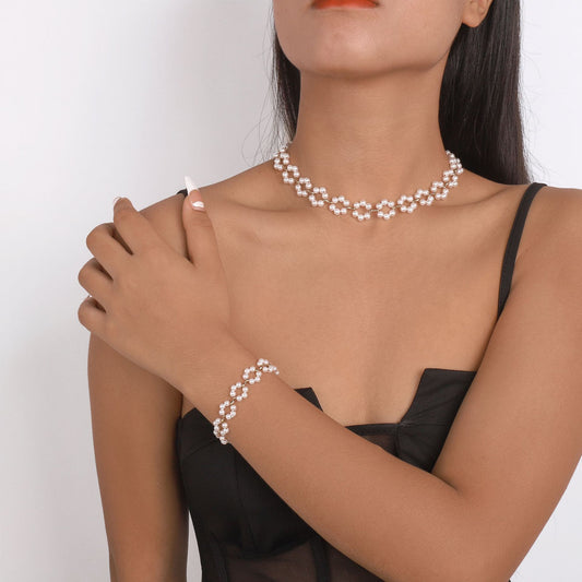 Elegant Geometric Imitation Pearl Iron Women's Bracelets Necklace 1 Set