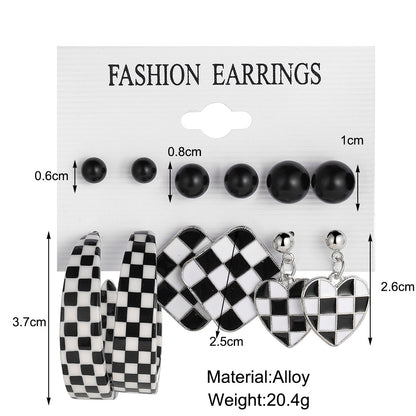 Women's Checkerboard Plaid Pearl Pendant Silver Earrings 5-piece Set