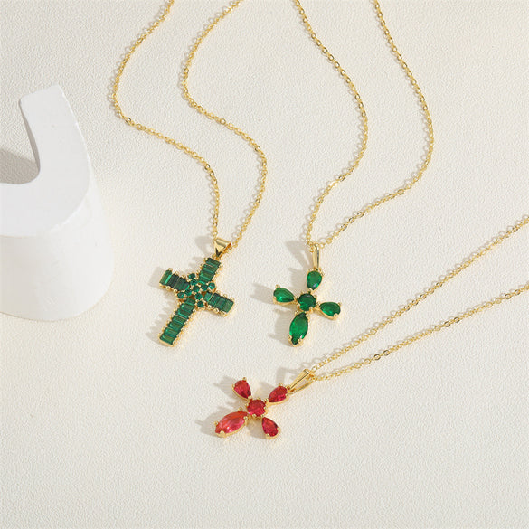 Cross-border hot-selling wild retro color zircon cross pendant necklace women's personalized design O-word chain clavicle chain