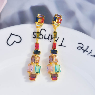 Contrast Fashion Earrings Super Flash Zircon Earrings Simulation Colorful Tourmaline Long Earrings