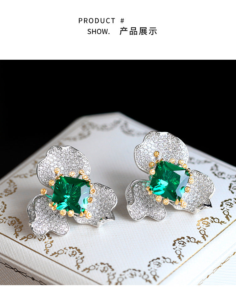 High-end Jewelry Flower Stud Earrings Dignified Generous Style Fashion Green Imitation Emerald Ring High-grade Necklace Set For Women