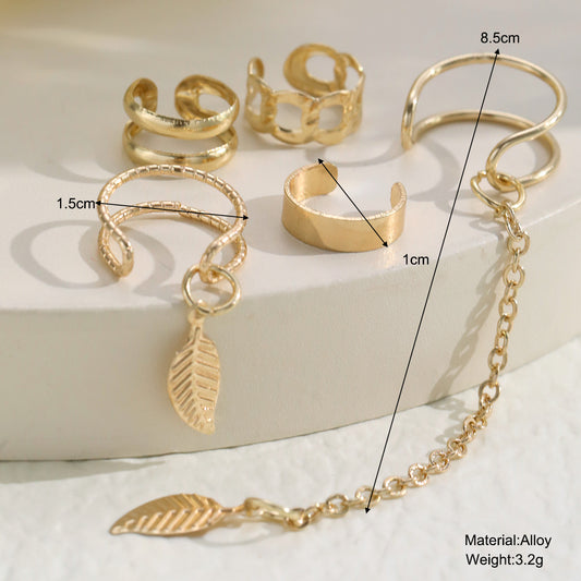 Cross-border fashion temperament, personality golden leaf tassel chain ear clip 5-piece set Creative light luxury C-type ear clip