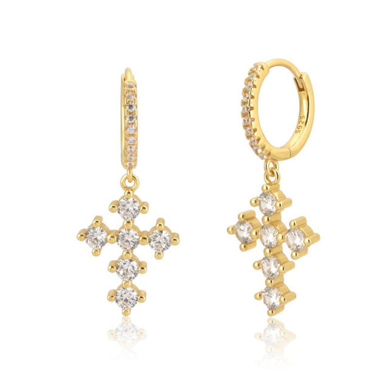 Fashion Cross Heart Shape Copper Silver Needle Plating Zircon Dangling Earrings 1 Pair