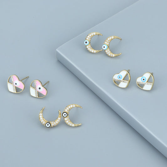 Fashion Moon Heart Shape Copper Ear Studs Stoving Varnish Inlay Zircon Copper Earrings