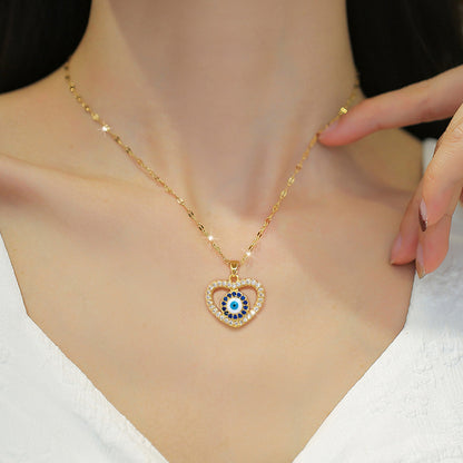 Retro Devil's Eye Heart Shape Titanium Steel Copper Inlay Artificial Gemstones Pendant Necklace