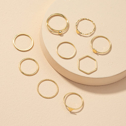 Fashion Geometry Pattern Heart-shaped Metal Ring 9-piece Set
