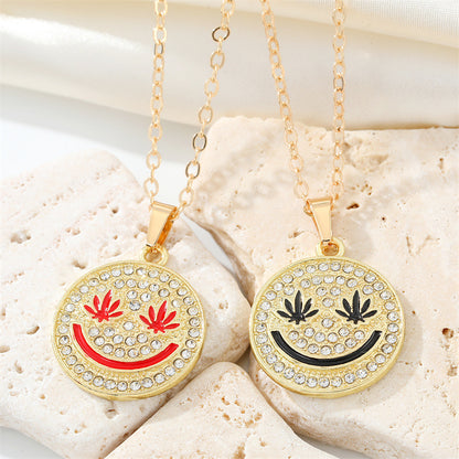 Korean Full Diamond Round Smiley Face Necklace Creative Maple Leaf Smiley Face Pendant