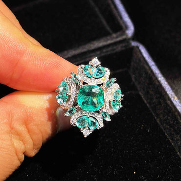 Retro Micro-embellished Diamond Imitation Natural Paraiba Green Diamond Copper Ring