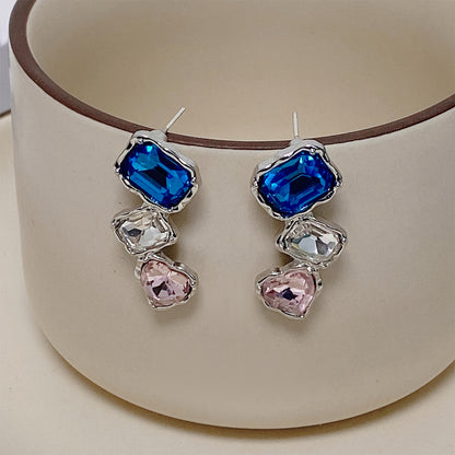 Sweet Geometric Square Heart Shape Alloy Inlay Crystal Women's Drop Earrings