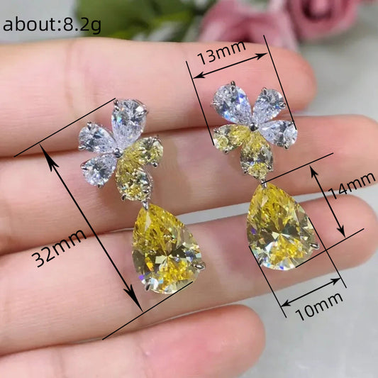1 Pair Sweet Shiny Water Droplets Flower Inlay Copper Zircon Drop Earrings