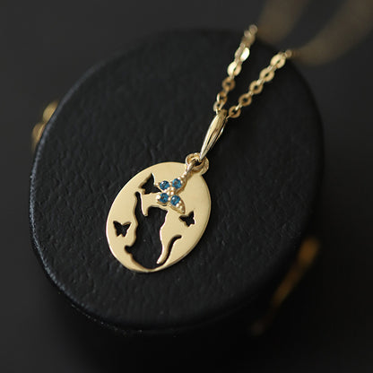 Sterling Silver Cute Cat Butterfly Plating Inlay Zircon Pendant Necklace