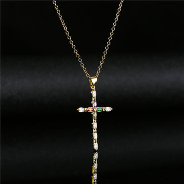 Retro Copper Plated Real Gold Color Zirconium Cross Pendant Necklace Female Religious Jewelry