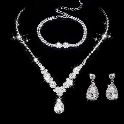 Sweet Water Droplets Flower Silver Plated Inlay Rhinestones Zircon Bracelets Earrings Necklace