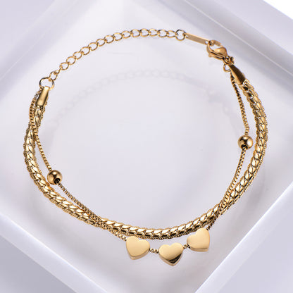 Women's Jewelry Wholesale Stainless Steel 18k Gold Plated Heart Double Bracelet