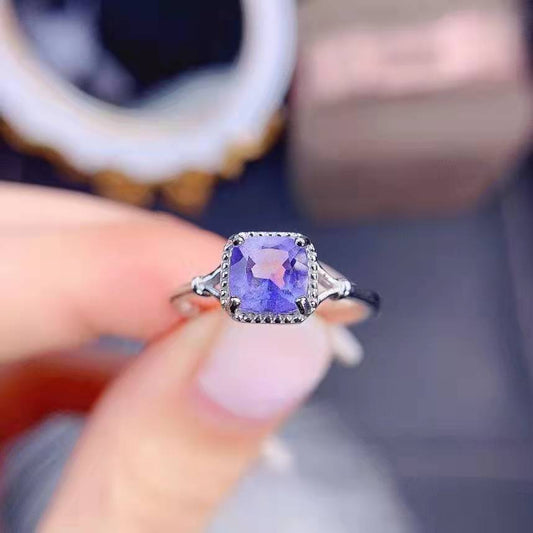 Fashion Purple Diamond Ring Simple Square Blue Diamond Opening Copper Ring