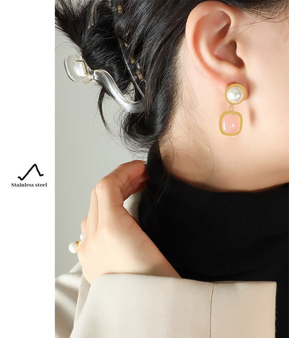 Elegant Round Square Titanium Steel Plating Artificial Pearls Drop Earrings 1 Pair